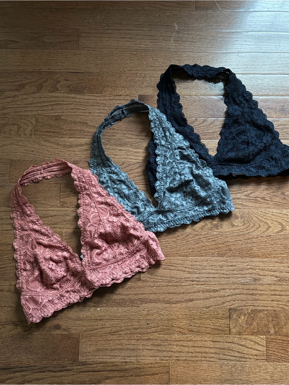 Lace Halter Bralette Trio in Dusty Blush Pink, Grey, and Black